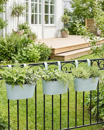vensovo Metal Railing Planter for Outdoor Plants - 3 Pack Balcony Hanging Planter Box with Detachable Hooks and Drain Holes Oval Hanging Pots Fence Planters for Railing Garden Fence, Green