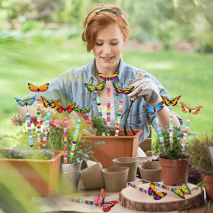 Tigeen 236 Pcs Garden Stake DIY Fairy Wand Plant Stake with 12 Colorful Crystal Stopper Top 12 Threaded Rod with 200 Large Hole Bead for Spring Summer Holiday Outdoor Decorations(Butterfly)