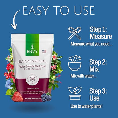 ENVY Bloom Special Plant Fertilizer for Flowering Plants, 9 Pounds - Makes 900 Gallons, for Indoor and Outdoor Plants, Pet Safe, Water Soluble, Made in USA