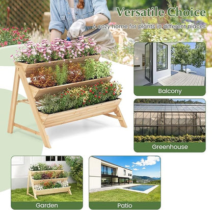3-Tier Raised Garden Bed, Vertical Garden Planter w/Storage Shelf, Bed Liner & 2 Side Hooks, Wood Elevated Planter Box Outdoor for Plants Vegetables Flowers Herbs,Natural