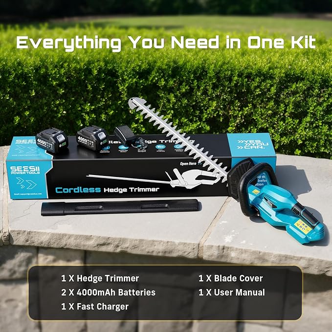 SEESII 20V Hedge Trimmer Cordless: 20" Electric Bush Trimmer - Dual 4.0Ah Batteries, Dual-Action Blade, 0.71" Blade Gap, Rotatable Handle, Lightweight Handheld Grass Shrub Clipper for Garden Yard