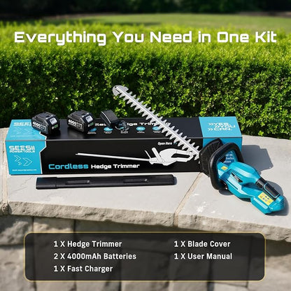 SEESII 20V Hedge Trimmer Cordless: 20" Electric Bush Trimmer - Dual 4.0Ah Batteries, Dual-Action Blade, 0.71" Blade Gap, Rotatable Handle, Lightweight Handheld Grass Shrub Clipper for Garden Yard