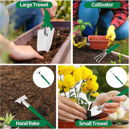 Gardening Tool Set, 11 Pieces Gardening Tools with Carrying Case, Garden Tool Kit for Digging Planting Pruning, Unique Gardening Set with Gloves for Women and Men (Green)