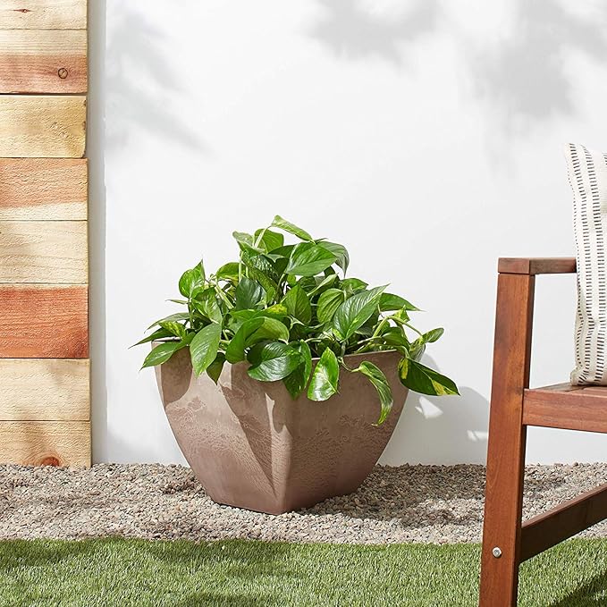PSW Pot Collection 16x13 inch Plastic/Stone/Wood Composite Square Planter – No Drainage Hole (Drillable), Modern Indoor/Outer Pot for Flowers, Foliage, Succulents, Fairy Gardens, Taupe