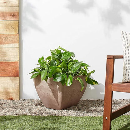PSW Pot Collection 16x13 inch Plastic/Stone/Wood Composite Square Planter – No Drainage Hole (Drillable), Modern Indoor/Outer Pot for Flowers, Foliage, Succulents, Fairy Gardens, Taupe