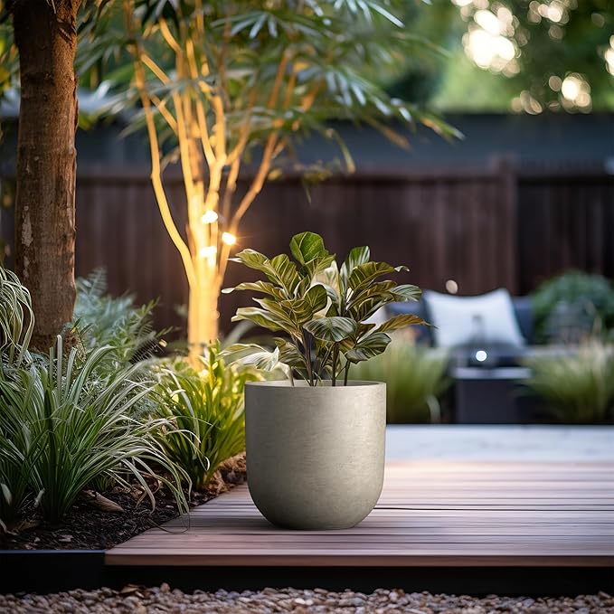 Kante 11.0" Round Concrete Planter, Large Cylinder Plant Pot with Curved Bottom and Drainage Hole, for Indoor and Outdoor Use – Garden or Patio, Weathered Concrete Finish with Painted Interior