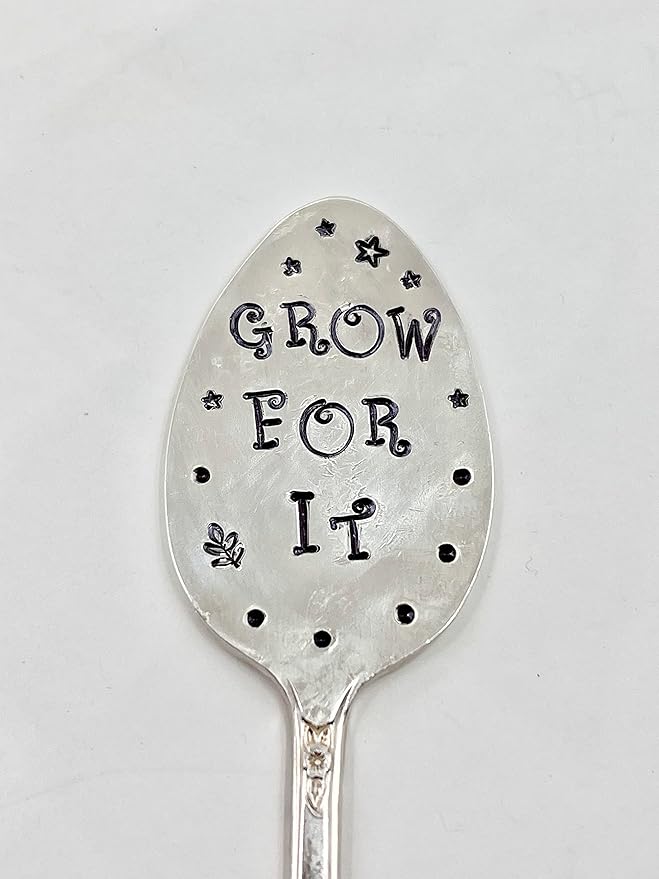 Garden Marker, Plant Stake GROW FOR IT, silver plate recycled stamped Spoon, Stick in your Flower pots Herbs or Plants
