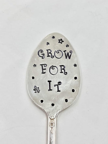 Garden Marker, Plant Stake GROW FOR IT, silver plate recycled stamped Spoon, Stick in your Flower pots Herbs or Plants