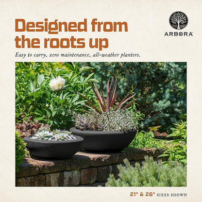ARBORA 21" and 26” Santorini Bowls with Classic Black Finish - Polyresin Indoor and Outdoor Planters, Durable, Weatherproof, Lightweight, Large Plant Pots for Patio, Garden, Deck