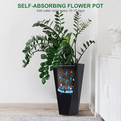 GarveeLife 22.5 in Tall Diamond Planters Set of 2, Self Watering Planters with Water Level Monitor, Flower Pots Outdoor and Indoor for Patio, Porch, Living Room, Home Office, Black