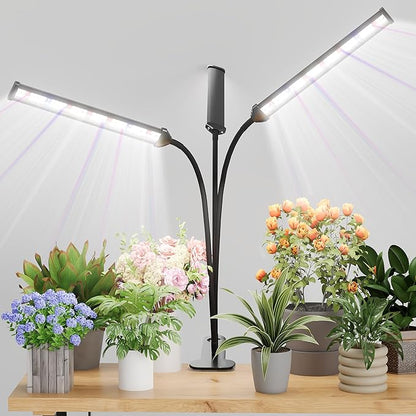 GooingTop Grow Light LED Gooseneck Lamp,Triple-Head Full Spectrum 222 LED Plant Lamp with Red Blue Light Clip-on Desk for Indoor Plants Growing, Auto Timer & Super Bright