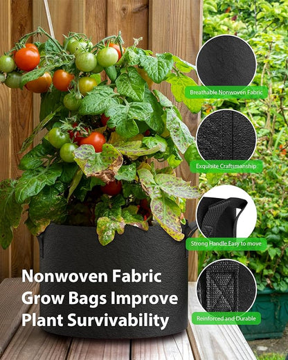 5-Pack Grow Bags 5 Gallon Thickened Plant Grow Bags Multi-Purpose Nonwoven Fabric Pots with Durable Handles, Outdoor Garden Plant Pots for Fruits Vegetables Flowers Herb Bonsai Plants, Black