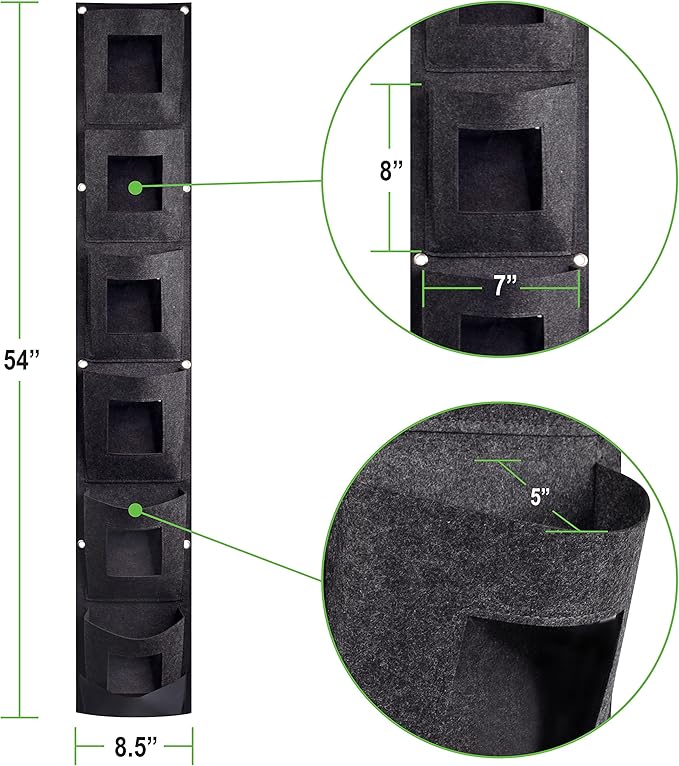 6 Pocket Vertical Grow Bag, Hanging Wall Garden Planter, Indoor Outdoor, Waterproof Reusable Breathable