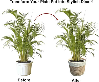 Planter Basket Set – 5-Piece Handwoven Jute Planter Basket for Home Decor, Nursery, or Indoor Plants (5'' to 8'' Diameter, 4.75'' to 7.75'' Height) – Fold & Wrinkle Free - Natural Jute with White Band