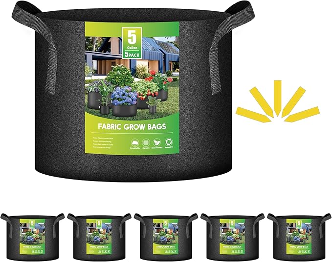 iPower 5 Gallon Heavy Duty Thickened Aeration Grow Bags Nonwoven Fabric Pots with Strap Handles Container for Gardening, 5-Pack Black