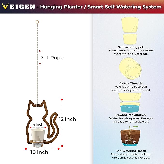 EIGEN Hanging Planters for Indoor Plants - with Self Watering Pots for Indoor Plants (Included), Comes with Macrame Plant Hanger Cord, Cat Decor Planters with Plant Pots (2 Set)