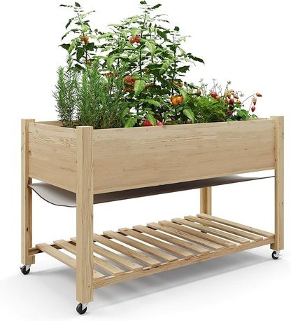 48x24x30in Raised Garden Bed with Wheels,Elevated Raised Planter Box Outdoor for Growing Vegetables and Herbs,Sturdy Wooden Raised Table Garden Bed with Legs-Enhanced Depth,Natural