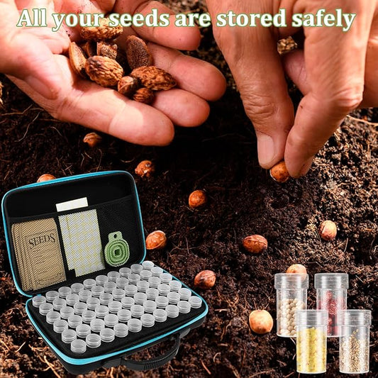60 Slots Seed Storage Organizer Box with 7 Envelopes, 63 x Label Stickers Garden Seed Organizer with Zipper Bag Storage Container for Vegetable Flower Plants Garden (Blue)