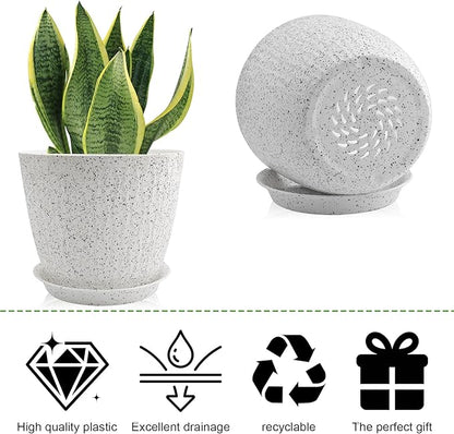 8/7/6 inch Plant Pots, 3 Pack Flower Pots for Outdoor Indoor Garden Plants, Large Planters with Multi Mesh Drainage Holes and Saucer (Speckled White, 8"+7"+6")
