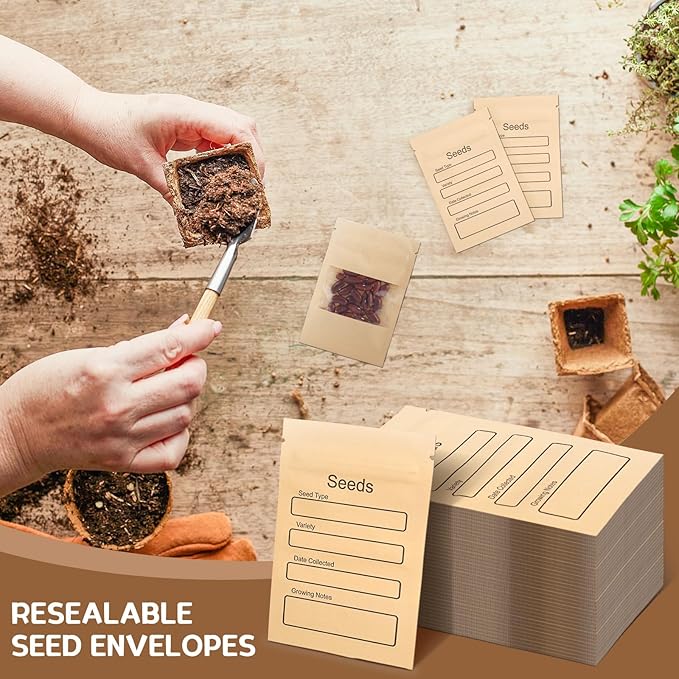 100 Pack Small Resealable Seed Envelopes with Clear Window, 3.15 x 4.72 Inch Brown Kraft Paper Seed Packets Envelopes with Preprinted Seed Collecting Template for Seed Storage, Seed Organizer