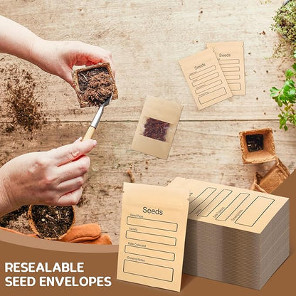 100 Pack Small Resealable Seed Envelopes with Clear Window, 3.15 x 4.72 Inch Brown Kraft Paper Seed Packets Envelopes with Preprinted Seed Collecting Template for Seed Storage, Seed Organizer