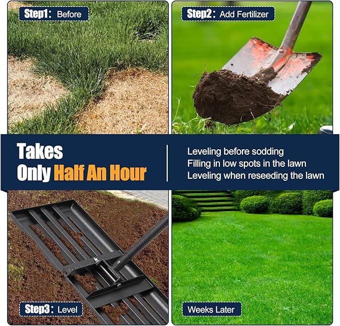Lawn Leveling Rake 30"x10" for Lawn Care - 60in Extendable Stainless Steel Handle with Ergonomic Grip | Professional Grass Leveling Tool for Golf Courses, Soccer Fields, Backyard Turf Maintenance