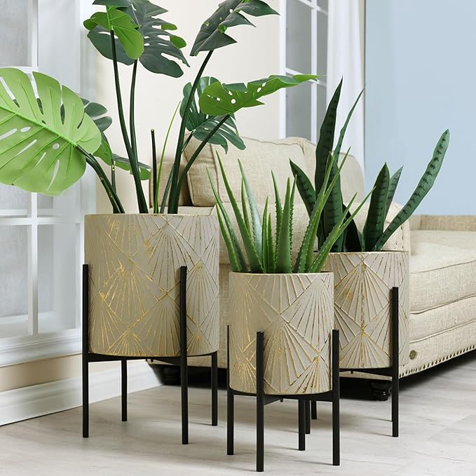 LuxenHome Planters for Indoor Plants, Set of 3 Floor Plants Pots with Stands, Modern Decorative Metal Flower Pots, Green Gray Cachepot Planters,10.5", 12", 14" Inch