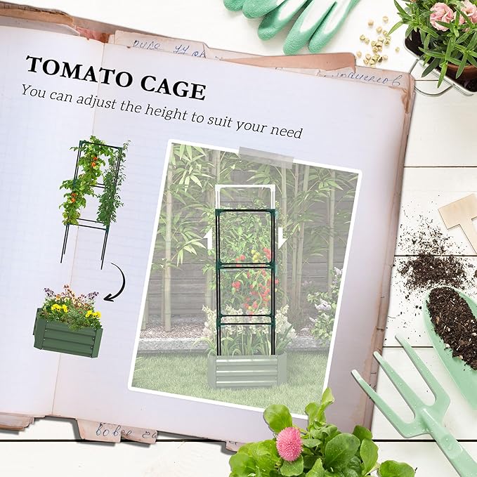 Outsunny Galvanized Raised Garden Bed, 55" Tall Outdoor Planter Box with Trellis Tomato Cage and Open Bottom for Climbing Vines, Vegetables, Flowers in Backyard, Garden, Patio, Green