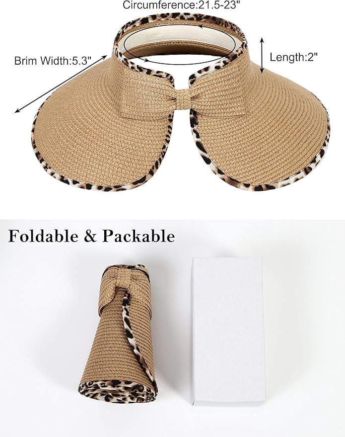 Womens Beach Straw Sun Hats Ponytail Hole Wide Brim Summer Visor Foldable Hat Sun Protection Packable for Travel Pool