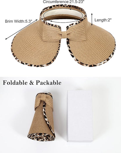 Womens Beach Straw Sun Hats Ponytail Hole Wide Brim Summer Visor Foldable Hat Sun Protection Packable for Travel Pool