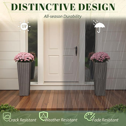 JUMMICO Set of 2 Resin Rattan Tall Planters for Outdoor Plants, Large Tapered Planters with Drainage Holes&Inner Trays, Flower Pots for Garden, Patio, Porch, Backyard (Brown, 24'')