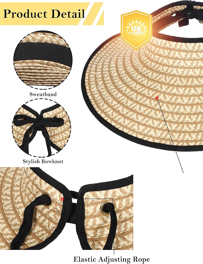 Womens Beach Straw Sun Hats Ponytail Hole Wide Brim Summer Visor Foldable Hat Sun Protection Packable for Travel Pool