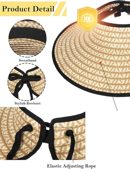 Womens Beach Straw Sun Hats Ponytail Hole Wide Brim Summer Visor Foldable Hat Sun Protection Packable for Travel Pool