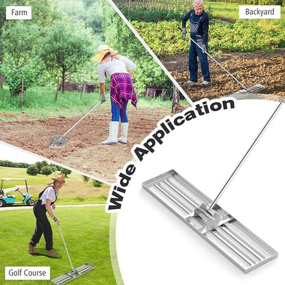42" x 10" Lawn Leveling Rake, Heavy Duty Landscape Rake with 67" Handle, Non-Slip Grip & Flat Head, Space-Saving Lawn Level Tool for Garden, Backyard, Golf Course & Sports Field(Silver)