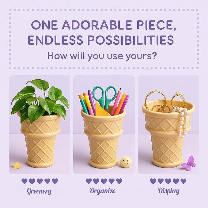 Fun&Unique Ice Cream Cone Flower Planter Charming 7inch tall x 3.5inchbottomwide x 5.3inchupperwide Ceramic Vase for Indoor & Outdoor Home Decor-Quirky Retro Garden Art for Plant Lovers