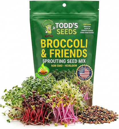 Todd's Seeds Broccoli and Friends Sprouting Seed Mix: Broccoli, Crimson Clover, Red Radish, Alfalfa, Non-GMO, Chemical Free, High Germination (1/4 Pound)