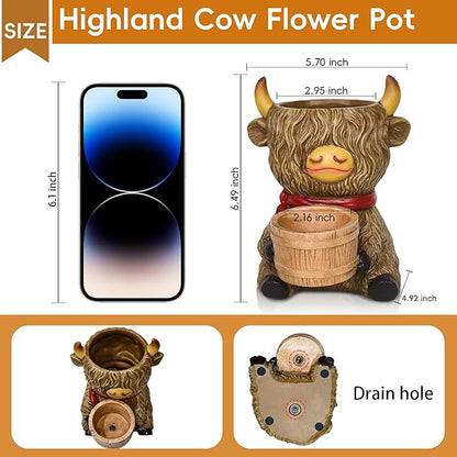 Cute Plant Pots Decor Gifts - Highland Cow Planter with Two Planters Animal Flower Pots with Drainage,Mini Succulent Pot for Home Desk Patio Decorations Outdoor Indoor Plants Pot Gift for Plant Lovers
