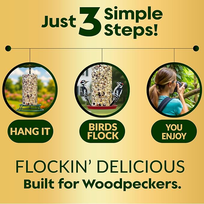 Woodpecker Bird Seed Cylinders with Hole – Premium Woodpecker Food Blend with Sunflower Chips, Peanuts & Suet – Natural High Energy Bird Seed, No Filler, No Shell, No Mess – USA Made (4" x 7.75")