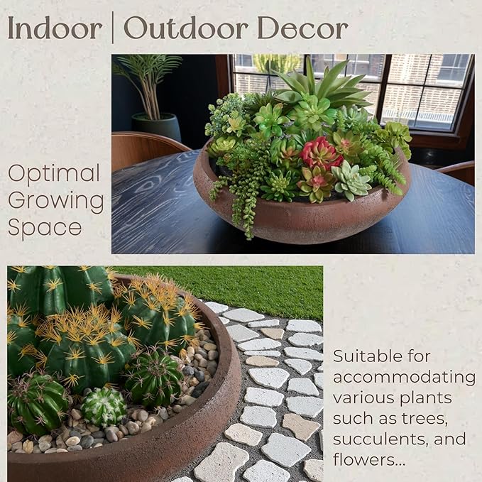 Concrete Lotus Bowl Planter 19"Dia x 6.3"H Large Succulent Pot with Drainage Hole & Plug, 16.7" Opening Low Planters for Indoor Outdoor Plants, Home, Patio, Garden, Weathered Concrete, Medium-Rust
