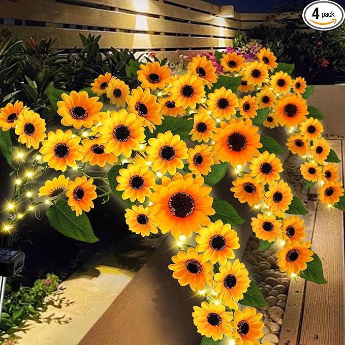 Solar Sunflower Lights Outdoor, 4 Pack with 92 Lifelike Petals, Waterproof 360 Bright LED Fall Decor for Garden, Patio, Flowerbed, Yard - Gift for Mom