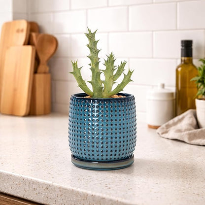 D'vine Dev 4 Inch Ceramic Beaded Stoneware Planter Pot - Flower Pot with Drainage Holes and Saucers for Indoor Succulent Plants or Flowers, Ocean Teal, 27-C-Z-8