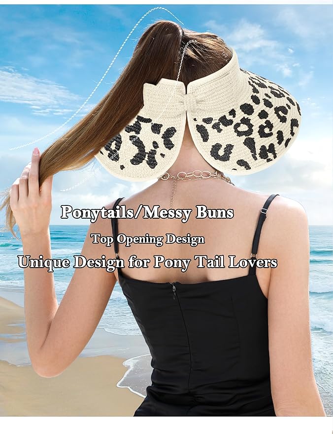 Womens Beach Straw Sun Hats Ponytail Hole Wide Brim Summer Visor Foldable Hat Sun Protection Packable for Travel Pool