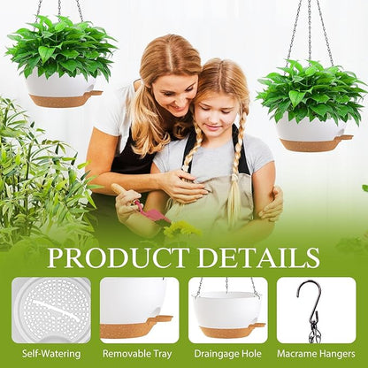 10 Inch Hanging Baskets 2 PC with Chains, Self-Watering Hanging Planters for Indoor Outdoor Plants, Plastic Hanging Flower Pots,White Brown