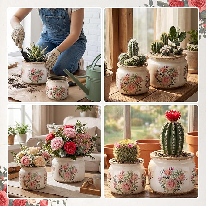 2 Pcs 7.7" & 5.9" Large Ceramic Plant Pot Beige Pink Rustic Rose Crackle Glaze Rustic Flowers Pot Decorative Planter with Drainage for Indoor Outdoor Plants Home Kitchen Office Decor Gift