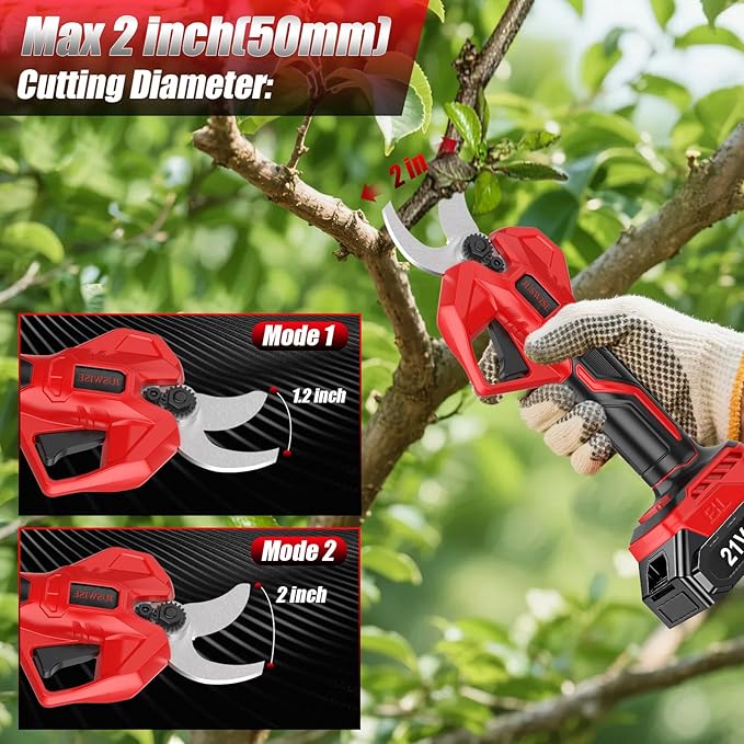 Electric Pruning Shears，2 inch (50mm) Cutting Diameter Electric Pruner with LCD Display 2 * 2.0Ah Batteries Brushless Cordless Garden Shears for Branch,Fruit,Yard and Tree Trimming