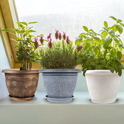 6 Inch Flower Pots Planters for Indoor Outdoor Plants, 6 Pack Plastic Small Plant Pots with Drainage Hole & Tray, Modern Decorative Garden Pot with Saucer, Plant Container for House