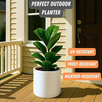 Fox & Fern 10 Inch Plant Pot with Drainage Plug — Premium Lightweight Fiberstone Glossy White Planter - Indoor & Outdoor Planter - 10 Inch Pots for Plants - Weather Resistant & UV Resistant