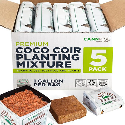Coco Coir Grow Bags, 5-Pack, 1 Gallon Per Bag - Open-Top, Pre-Filled Compressed Coir Substrate - Plug-and-Plant Eco Bags for Vegetables, Herbs & Flowers - Root-Friendly Aeration Peat-Free Mix