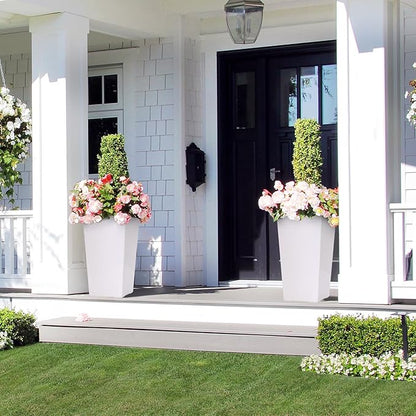 Garvee 22.5" Tall Planters Set of 2, Outdoor＆Indoor Black Planter Pots, High Front Porch Planter Pots with Drainage Holes＆Water Level Monitor＆Inner Bucket,White