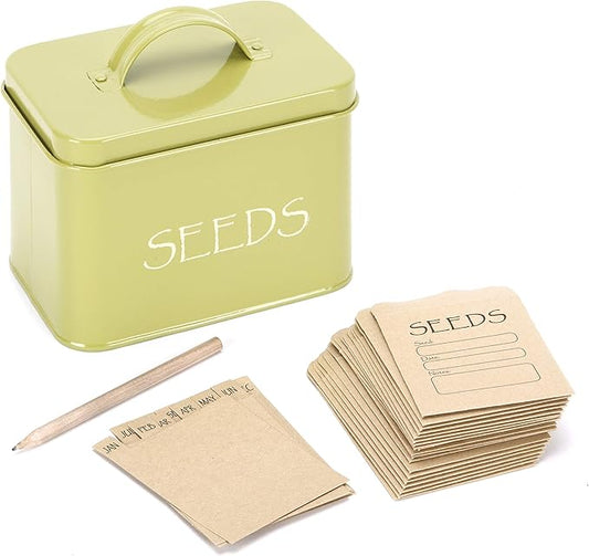 Katai Steel Seed Storage Box Organiser in Green. Compact Seed Packet Container with Lid Complete with Monthly Dividers, 20 Envelopes and Pencil